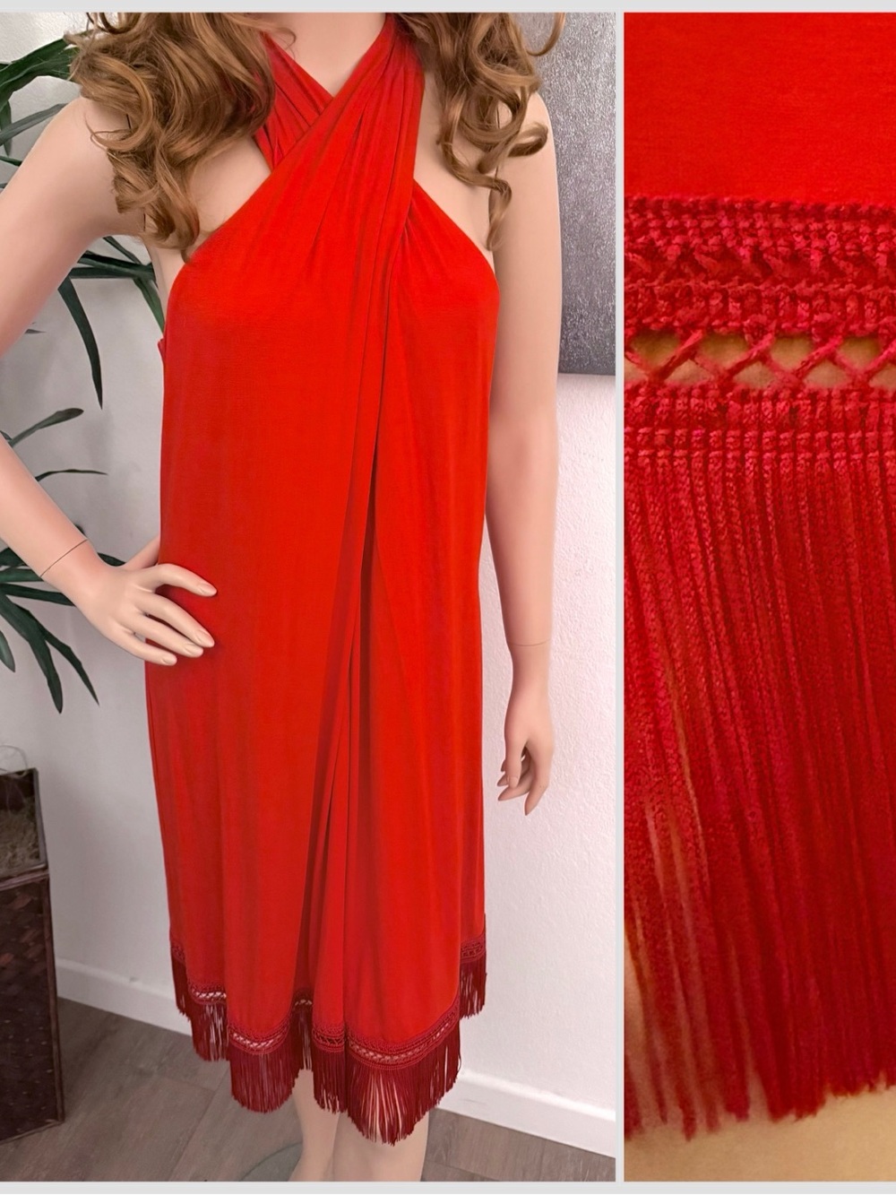 NEW Trina Turk Red Fringe Hem Dress Halter Ruched Front Lined Stretch Size M